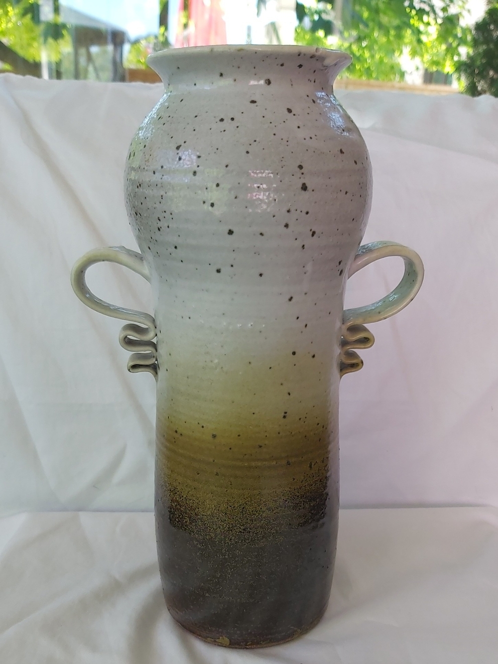 Studio Art Pottery Vase 10 3/4in Speckled Glaze Decorative Handles Artist Signed